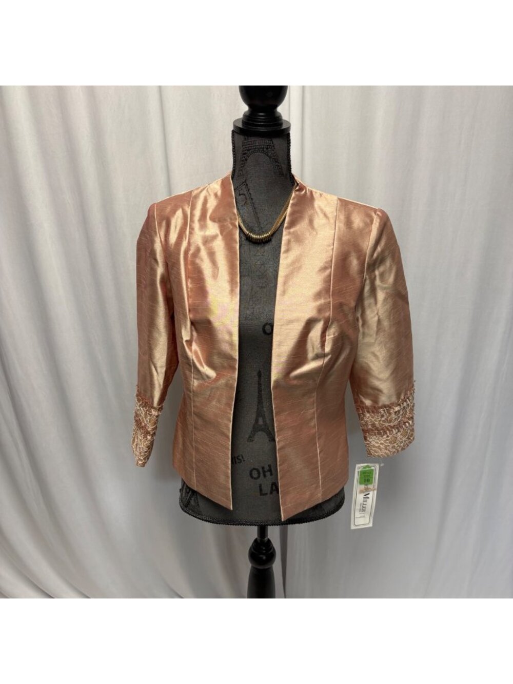 Karen Miller New York Jacket Womens 10 Blush Satin Lace Sleeve Open Front NEW
